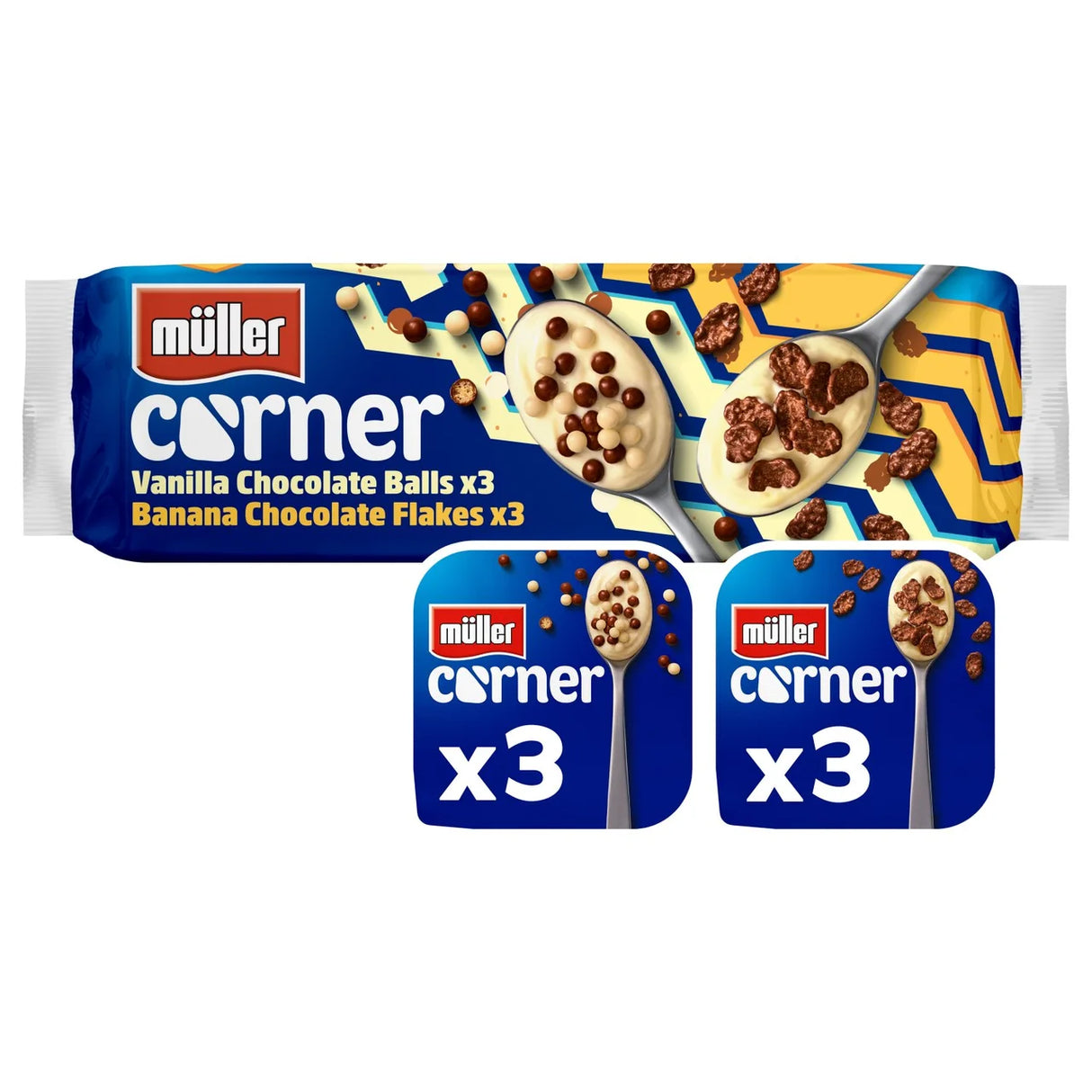 Muller Corner Vanilla Chocolate Balls and Banana Chocolate Flakes Yogurts 6 x 124g