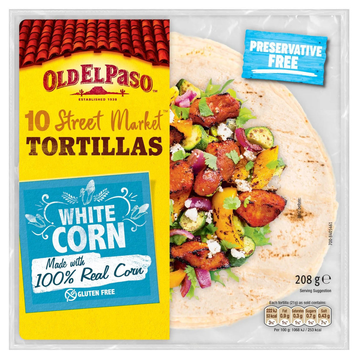Old El Paso Gluten Free 10 White Corn Tortilla Wraps 208g