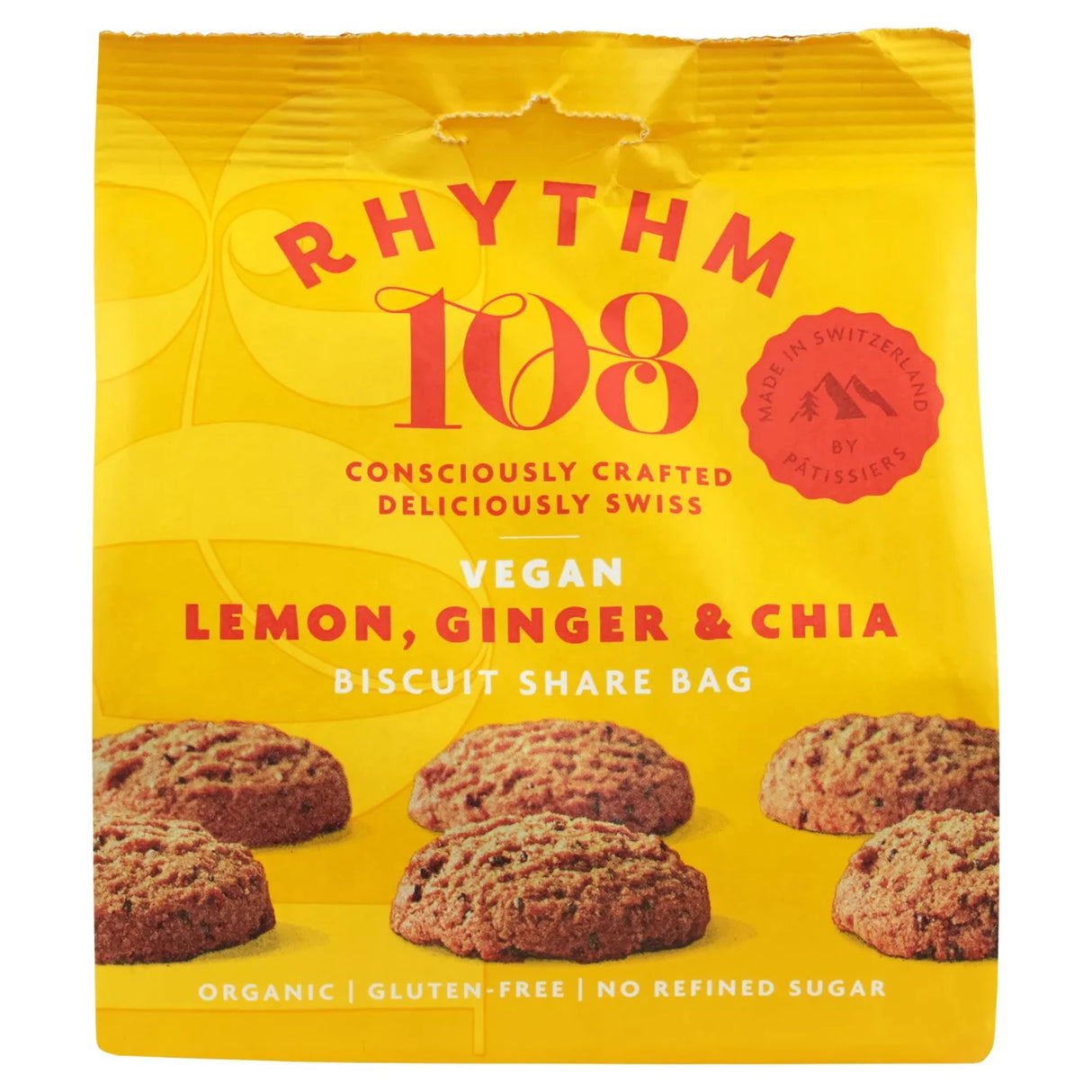 Rhythm 108 Swiss Vegan Lemon, Ginger & Chia Biscuit Share Bag 135G