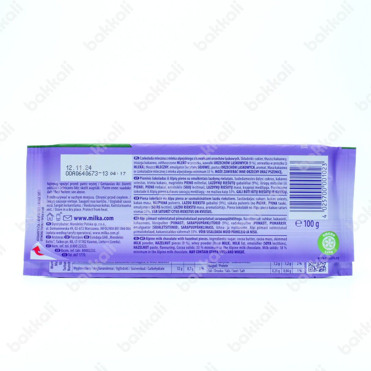 Milka Hazelnut Chocolate 100g - Back