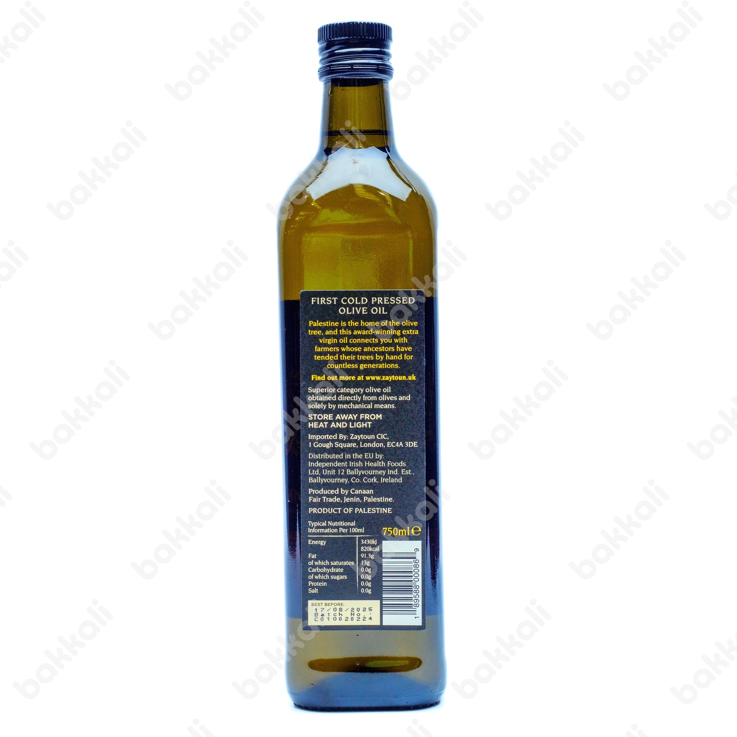 Zaytoun Palestinian Extra Virgin Olive Oil 750ml - Back